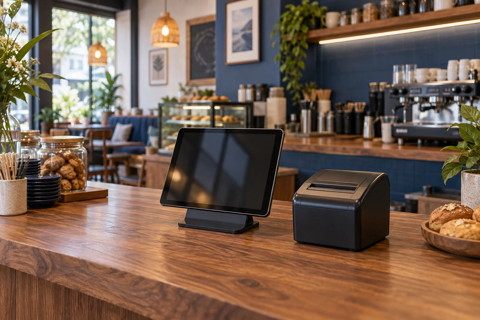 Ilustrasi perangkat kasir tablet dan printer di meja café