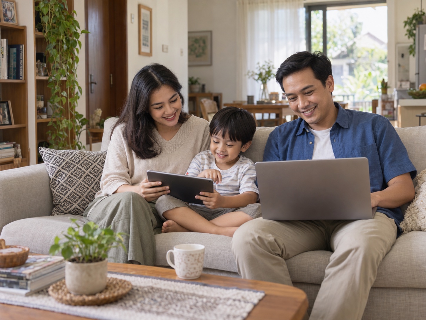 Keluarga menikmati waktu bersama dengan laptop dan tablet di rumah